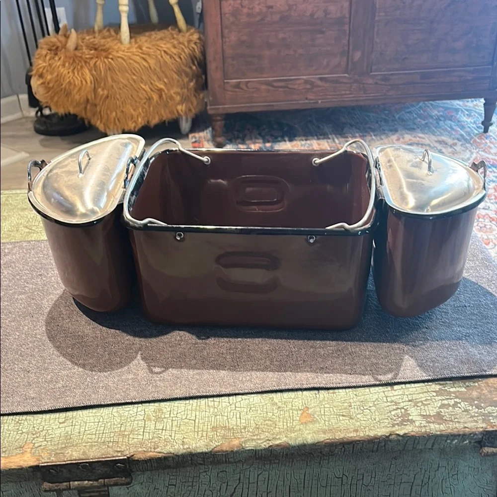 Vintage Unique Enamelware Brown Lunch Pail Box Picnic Camping Tin with Lids